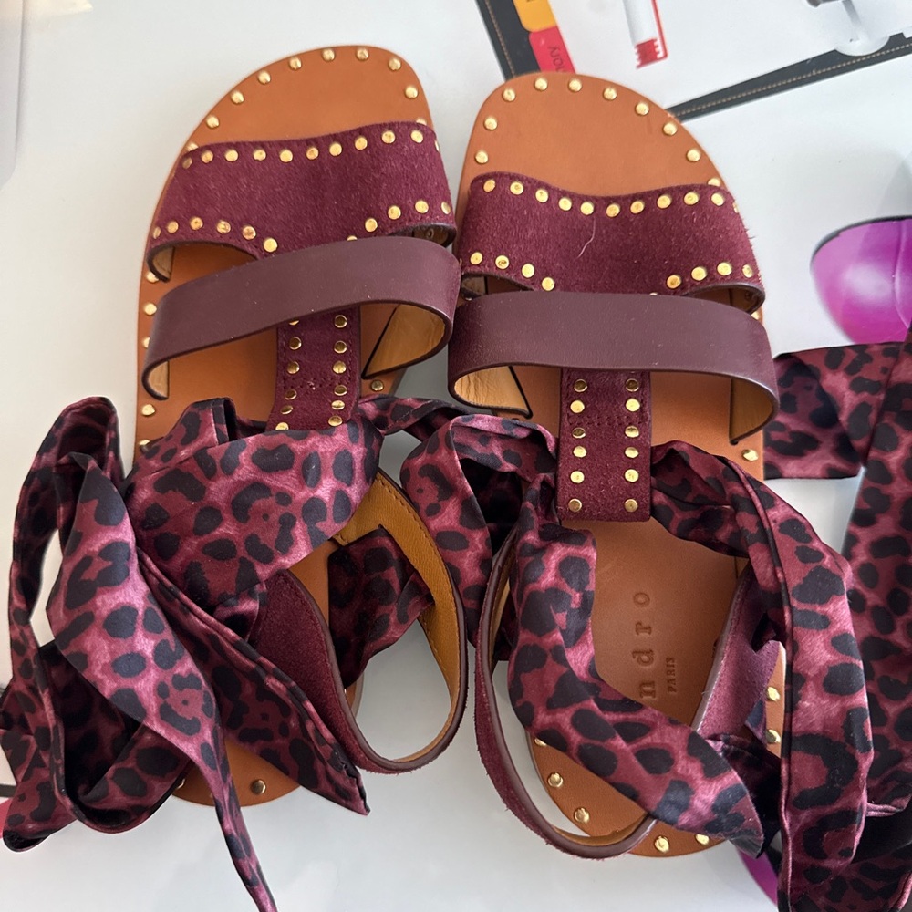 Sandro Stylish Burgundy Sandals with Studded Details Sz 6 (36)